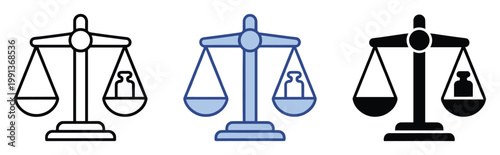 Set of balance scales icons representing fairness justice and weight for legal business and ethical concepts