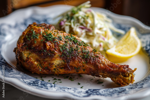 A beautifully plated crispy chicken leg sits on a white dish beside a serving of fresh coleslaw. The dining area features soft lighting and elegant decor, creating a warm atmosphere.