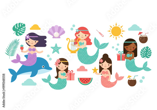 Cute Kawaii Mermaid Clipart Set with Tropical Summer Elements, Dolphin, and Shells - Vector Illustration for Kids Birthday Parties and Beach Themes
