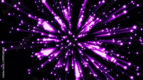 Magic exploding shooting stars cannon bomb burst explosion reveal transition graphic, dust trail loop on black screen. glittering stars lines, fairy dust wand glitter stars trail transition. 4k