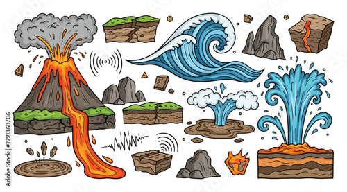 Colorful collection of natural disaster elements including erupting volcano tsunami waves and geysers for educational materials