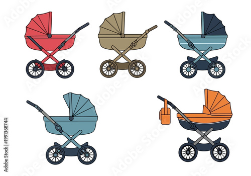 Set of Modern Baby Stroller Vector Illustrations in Different Colors. Collection of Infant Prams and Pushchairs Isolated on White Background for Parenting and Childcare Design.