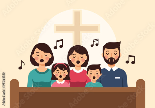 Family Choir Singing Praise and Worship Hymns in Church Illustration