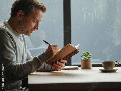 A middle-aged Caucasian man practices mindfulness journaling at a minimalist wooden desk near a large window. Overcast daylight provides soft, even illumination. He writes in a leather-bound notebook 