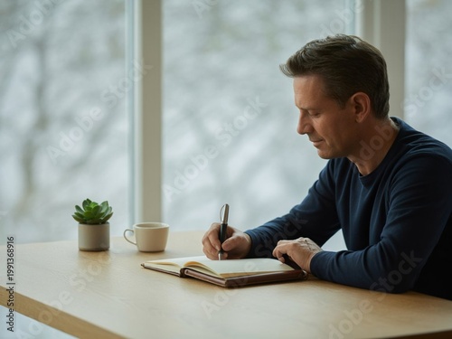 A middle-aged Caucasian man practices mindfulness journaling at a minimalist wooden desk near a large window. Overcast daylight provides soft, even illumination. He writes in a leather-bound notebook 
