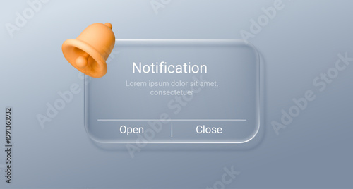 Transparent glass notification window with calendar alert display. Sleek digital interface featuring modern app popup, message bubble, and minimalist icon elements on isolated background.