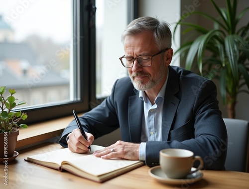 A middle-aged Caucasian man practices mindfulness journaling at a minimalist wooden desk near a large window. Overcast daylight provides soft, even illumination. He writes in a leather-bound notebook 