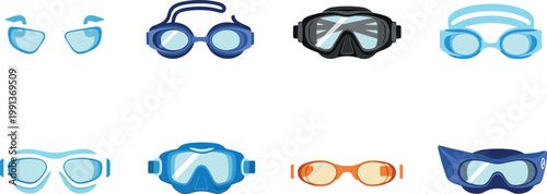Swimming goggles collection with various styles, protective eyewear for pool and diving activities vector illustration set isolated