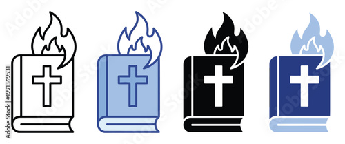 Holy Bible icon with burning flame representing spiritual enlightenment and divine inspiration for religious study and worship