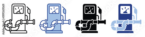 Fuel pump icon set with meter and pipe connections suitable for energy industry applications and utility service graphics