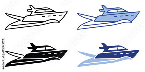 Stylized yacht motorboat icons showing speed and luxury on water for marine travel and leisure projects.