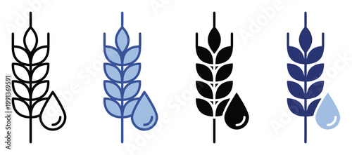 Wheat spike and water drop icons for agriculture, food industry, and sustainable farming projects