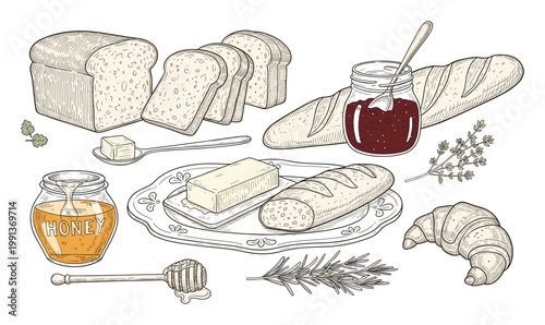 Assortment of breakfast staples including fresh bread, honey, jam, and butter for culinary and foodrelated projects