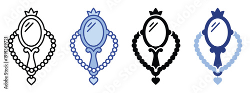 Elegant crowned handheld mirror with pearl necklace and heart charm graphic for royal beauty product branding