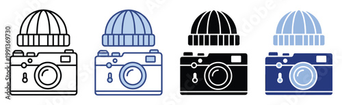 Stylized vector icons featuring warm winter beanies and classic photography cameras for digital media use
