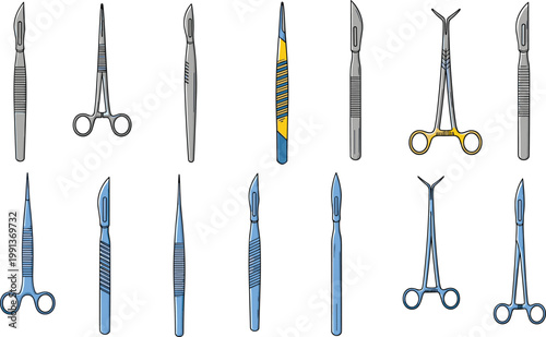 Collection of medical surgical instrument vectors including scalpels forceps and scissors for healthcare education professional surgery and clinical infographics