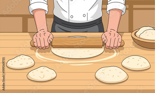 Chef Rolling Dough with Rolling Pin on Wooden Table