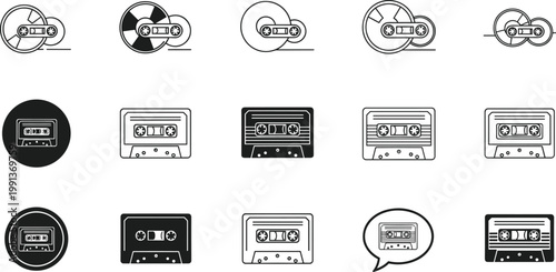 Set of retro audio cassette and reel to reel tape icons in minimalist line art and solid black styles for music design