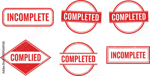 Fotografía Set of red completed incomplete and complied rubber stamp vectors with circular