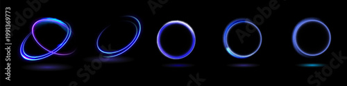 Neon swirl. Curve blue line light effect. Abstract ring background with glowing swirling background. Energy flow tunnel. Blue portal, platform. Magic circle vector.