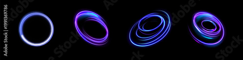 Neon swirl. Curve blue line light effect. Abstract ring background with glowing swirling background. Energy flow tunnel. Blue portal, platform. Magic circle vector.