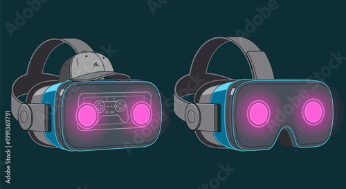 Two Futuristic Virtual Reality Headsets with Glowing Pink Lenses.