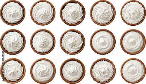 White swirl of whipped cream, yogurt, or mayonnaise in wooden bowls isolated on white background, top view set for food packaging and culinary design.