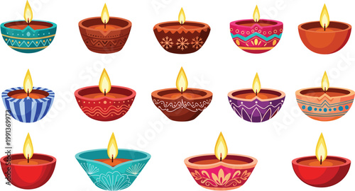 Collection of traditional colorful Diwali diya oil lamps with burning flames isolated on white background for festival celebration.