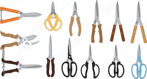 Collection of professional gardening shears pruners and sharp metal scissors vector illustrations isolated on a clean white background.