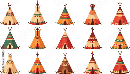 Collection of colorful teepee and wigwam vectors with tribal patterns and geometric designs for cultural education and camping themes