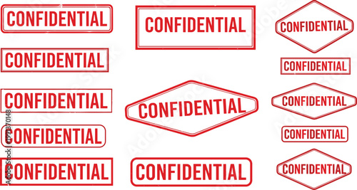 Set of red confidential rubber stamp vectors with diamond pill and rectangular frames for legal documents and private business paperwork