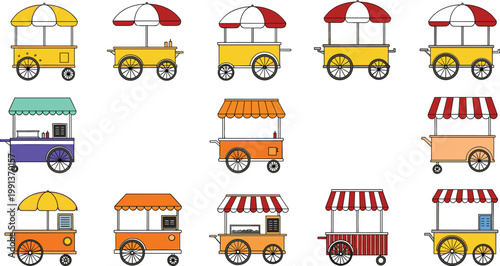 Hand drawn vector illustrations of various wheeled food carts and market stalls for local business or festival graphics
