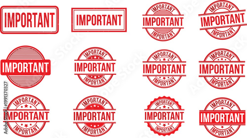 Set of red important rubber stamp vectors with circular badges and rectangular frames for office document processing and business paperwork
