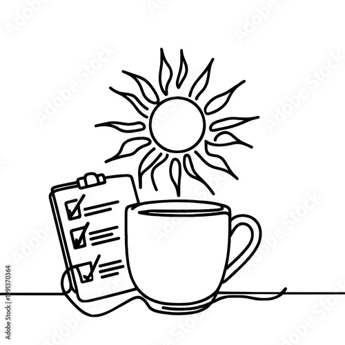 Morning Routine Checklist with Coffee Mug and Sun Continuous Line Drawing Minimal Productivity Vector
