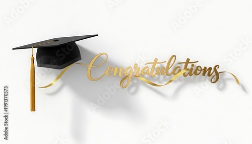 Graduation cap and golden congratulations text with shadow on white background, graduation