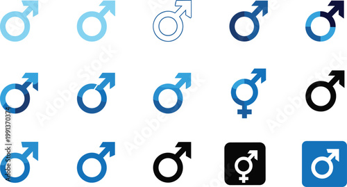Collection of blue male and transgender gender symbol icons in various flat and outlined styles for social identity healthcare and demographic design