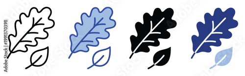 Set of minimalist oak and smaller leaf icons in outline, solid, and dual color styles for graphic design