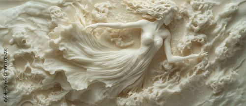 Ivory sculpture of a surreal dancer in flowing dress with skulls motif