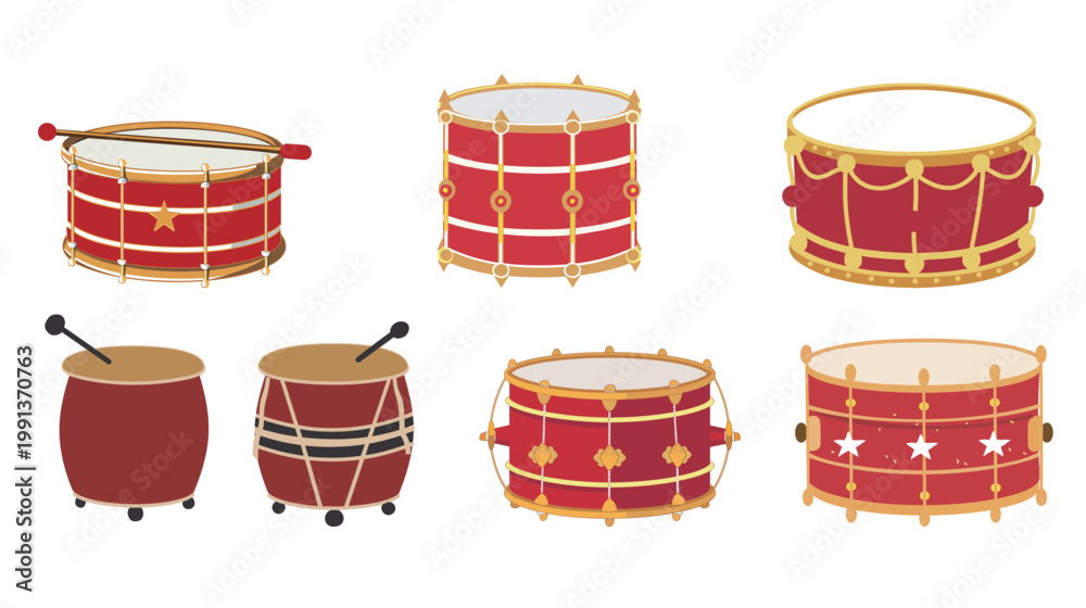 Obraz premium Single toy drum silhouette flat simple red and gold vector illustration festive music instrument icon children toy design modern minimal style