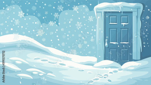 Single snowy entryway covered in drifts flat soft white snow vector illustration winter house entrance minimalist cold season landscape design