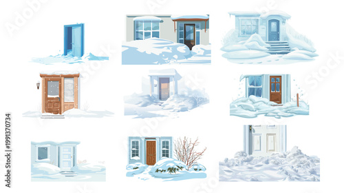 Single snowy entryway covered in drifts flat soft white snow vector illustration winter house entrance minimalist cold season landscape design