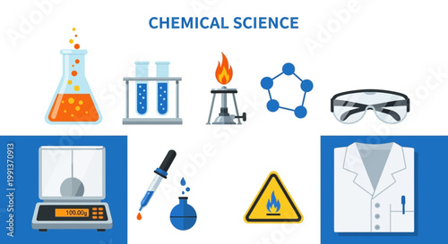 Chemical science laboratory equipment and symbols.