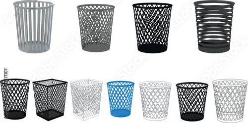 Trash bin and wastebasket collection with mesh and plastic designs, office and home garbage containers vector illustration set