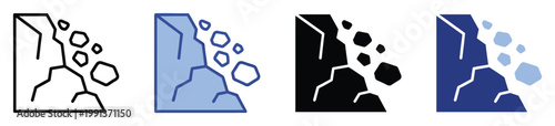 Rockslide warning icon set depicting falling rocks from a cliff for natural disaster safety alerts