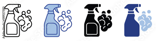 Household cleaning spray bottle with frothy soap bubbles icon set for hygiene, sanitization, and disinfection product branding