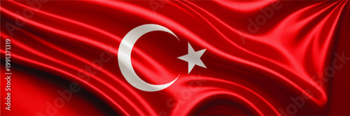 Waving Turkey Flag on Red Silk Fabric with White Crescent and Star, National Symbol Background for Patriotism Travel Design