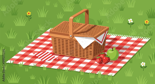 Wicker picnic basket with fresh fruit on a checkered blanket.