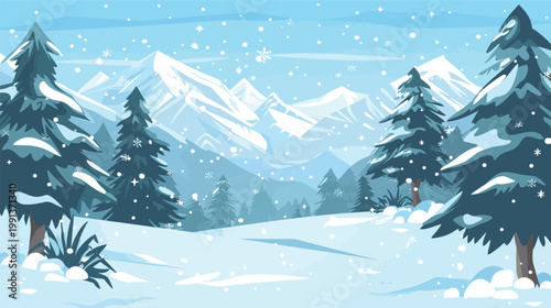 Snowy mountains evergreen forest vector illustration winter landscape nature scenery alpine pine trees cold season outdoor background modern minimalist design