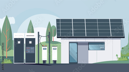 Solar inverter power box and transformer combined vector illustration renewable energy equipment system clean technology electrical component design