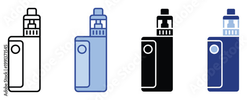 Modern electronic cigarette vaping device symbol in various line and solid graphic styles